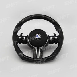 R44 BMW FLAT BOTTOM GLOSS CARBON STEERING WHEEL W/ PERFORATED LEATHER MOLDED GRIPS