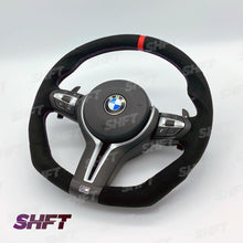 Load image into Gallery viewer, R44 BMW FLAT BOTTOM STEERING WHEEL IN ALCANTARA WITH MOLDED GRIPS AND RED STRIPE