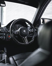 Load image into Gallery viewer, R44 BMW FLAT BOTTOM GLOSS CARBON STEERING WHEEL W/ PERFORATED LEATHER MOLDED GRIPS