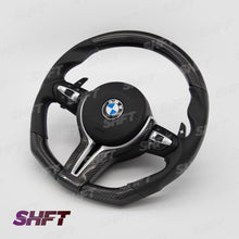Load image into Gallery viewer, R44 BMW FLAT BOTTOM GLOSS CARBON STEERING WHEEL W/ PERFORATED LEATHER MOLDED GRIPS
