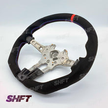 Load image into Gallery viewer, R44 BMW FLAT BOTTOM STEERING WHEEL IN ALCANTARA WITH MOLDED GRIPS AND RED STRIPE