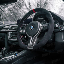 Load image into Gallery viewer, R44 BMW FLAT BOTTOM STEERING WHEEL IN ALCANTARA WITH MOLDED GRIPS AND RED STRIPE