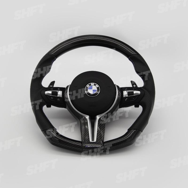 R44 BMW FLAT BOTTOM GLOSS CARBON STEERING WHEEL W/ PERFORATED LEATHER MOLDED GRIPS