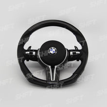 Load image into Gallery viewer, R44 BMW FLAT BOTTOM GLOSS CARBON STEERING WHEEL W/ PERFORATED LEATHER MOLDED GRIPS