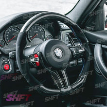 Load image into Gallery viewer, R44 BMW FLAT BOTTOM STEERING WHEEL IN GLOSS CARBON WITH MOLDED ALCANTARA GRIPS
