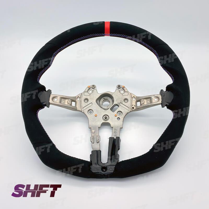 R44 BMW FLAT BOTTOM STEERING WHEEL IN ALCANTARA WITH MOLDED GRIPS AND RED STRIPE