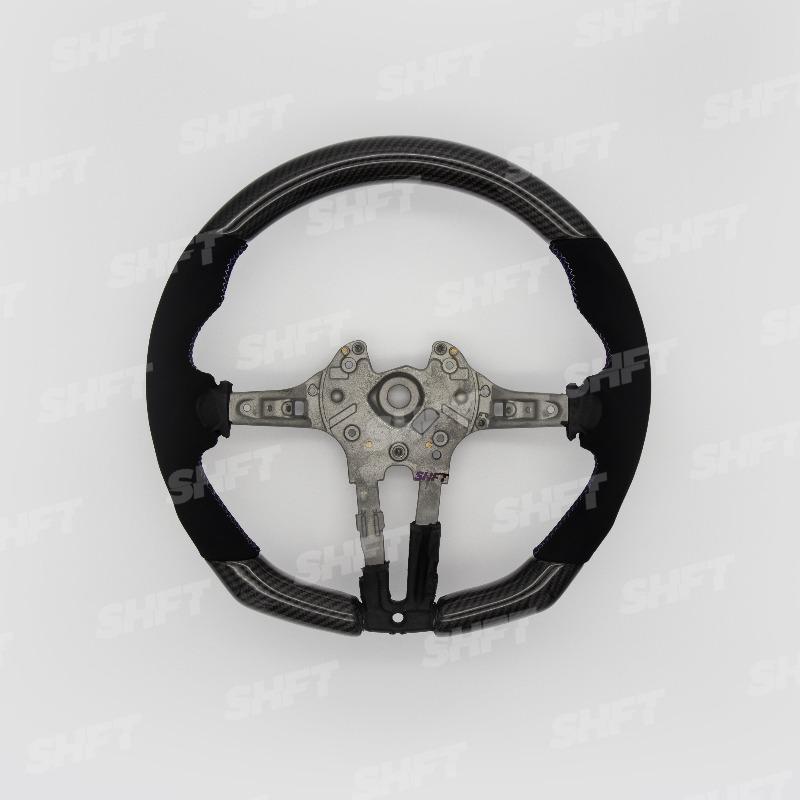 R44 BMW FLAT BOTTOM STEERING WHEEL IN GLOSS CARBON WITH MOLDED ALCANTARA GRIPS