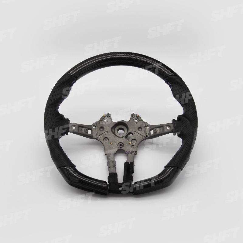 R44 BMW FLAT BOTTOM GLOSS CARBON STEERING WHEEL W/ PERFORATED LEATHER MOLDED GRIPS